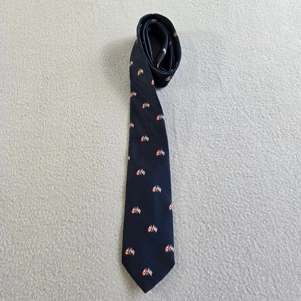 Ely Ties Necktie Mens OS Navy Blue USA Canada Crossed Flags Patriotic Polyester
